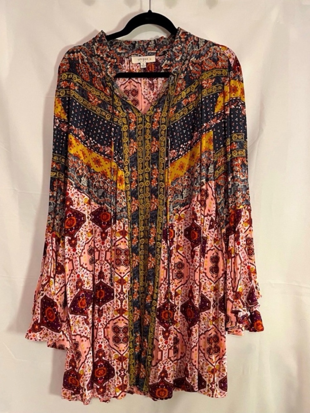Umgee Multi-Color Boho Mini Dress in Black, Pink, Yellow, Brown